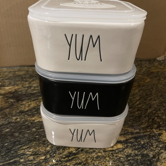Rae Dunn YUM Ceramic Food Storage Bowls Set of 3 Vented Lids Artisan Magenta - Picture 1 of 10